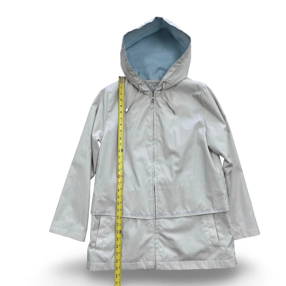IZZI Women Stone Beige Hooded Windbreaker Jacket Floral Embroidery Small